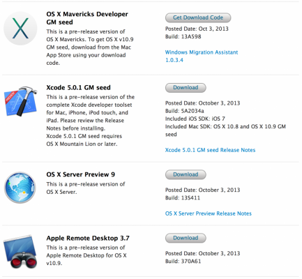 Apple ofera dezvoltatorilor versiunea Gold Master 13A603 pentru OS X Mavericks